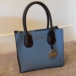 Michael Kors Blue and Brown Leather Satchel with Gold Logo Charm